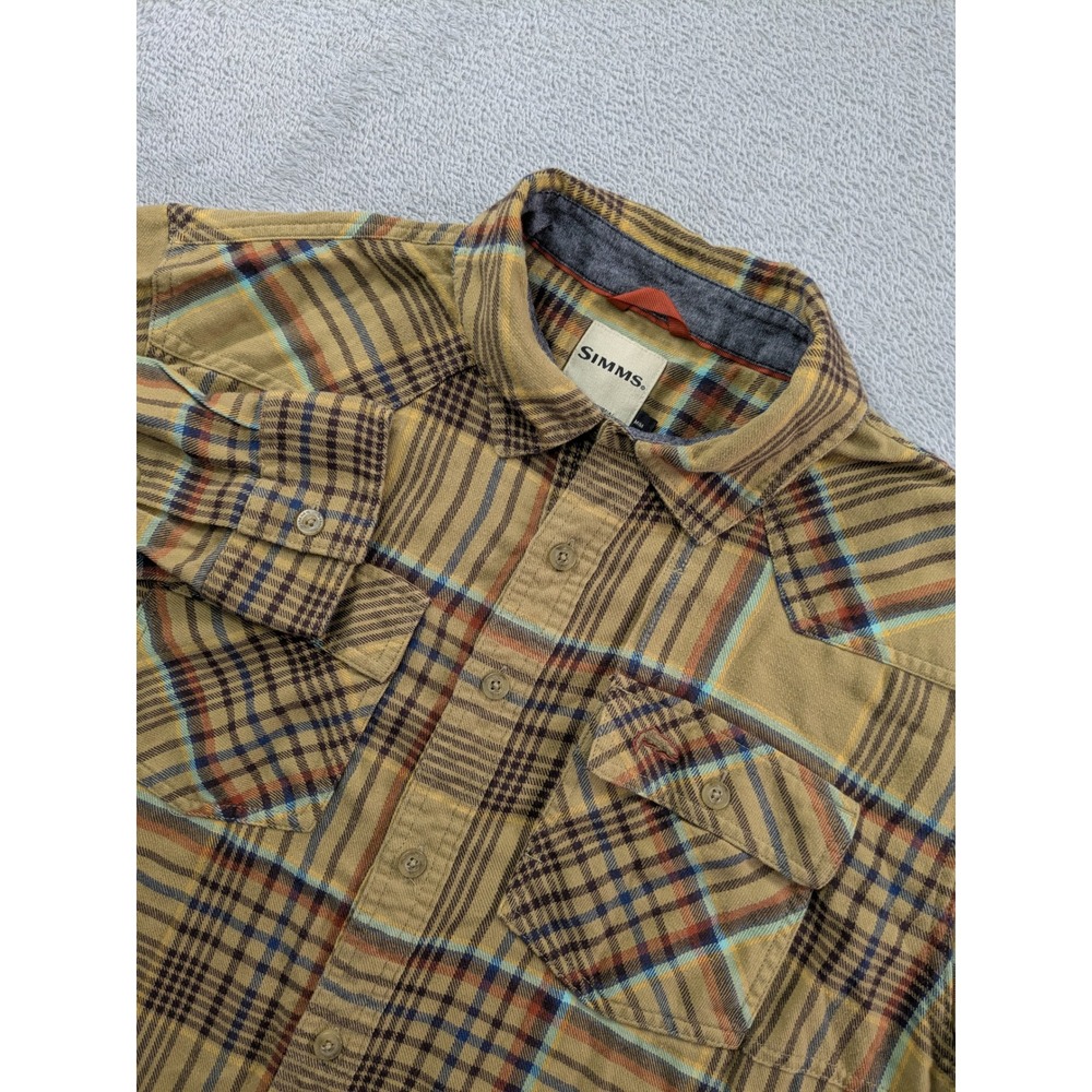 Simms Mens Plaid Flannel Shirt Long Sleeve Western Yoke Tan Brown Medium